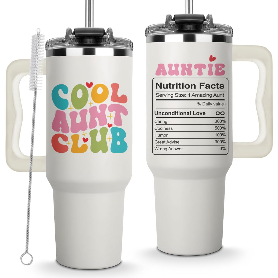 Christmas Gifts for Aunt - Cool Aunt Club Coffee Tumbler 40Oz, Best Aunt Gifts from Niece Nephew for Birthday, Mothers Day, Presents for First Time & Best Auntie Ever, New Aunty Cup with Handle Straw