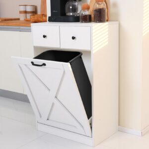 Walmokid White Tilt Out Trash Cabinet, Wooden Kitchen Trash Can Cabinet w/Hideaway Drawers, Dog Proof Trash Can Holder, Free Standing Tilt Out Laundry Hamper 10 Gallon