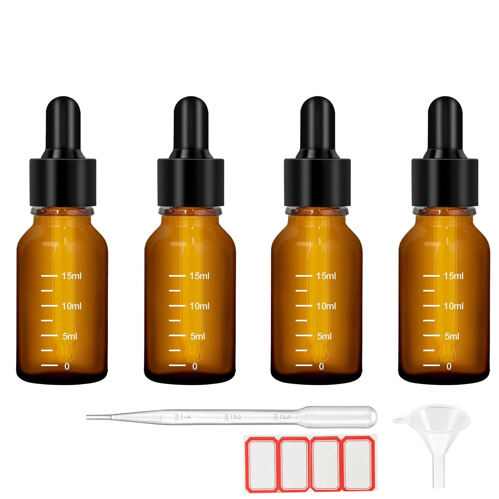 4Pcs Dropper Bottles Tincture Bottles with Dropper Glass 0.5oz 15ML Thick Amber Leakproof Essential Oils Bottles Eye Dropper Bottles with 1 Funnel & 4 Labels