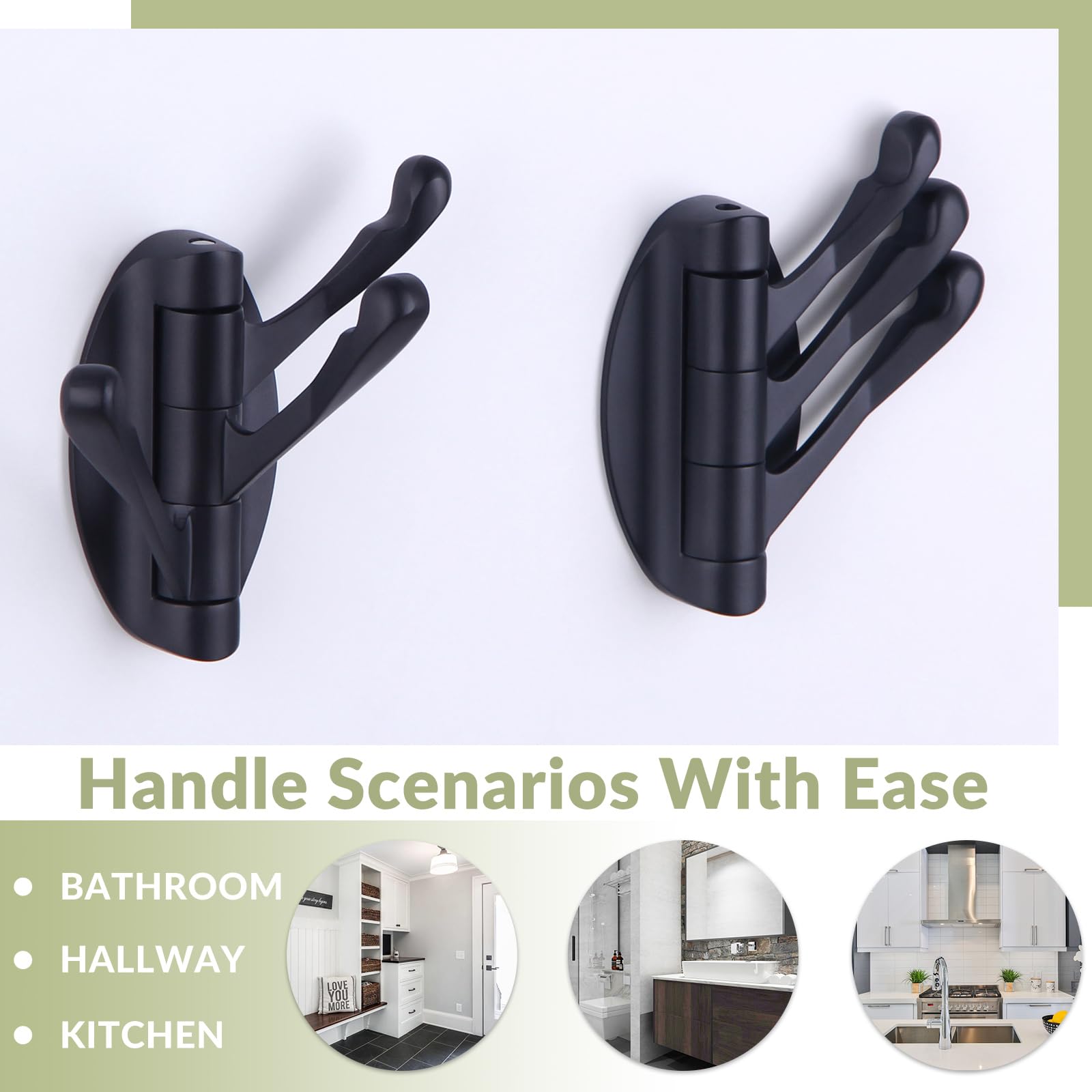 APLusee Swivel Towel Hook 2 PCS Matte Black, Metal 3 Arms Folding Robe Coat Hook, Flexible Storage Clothes Holder for Bathroom Home RV, Wall Mount