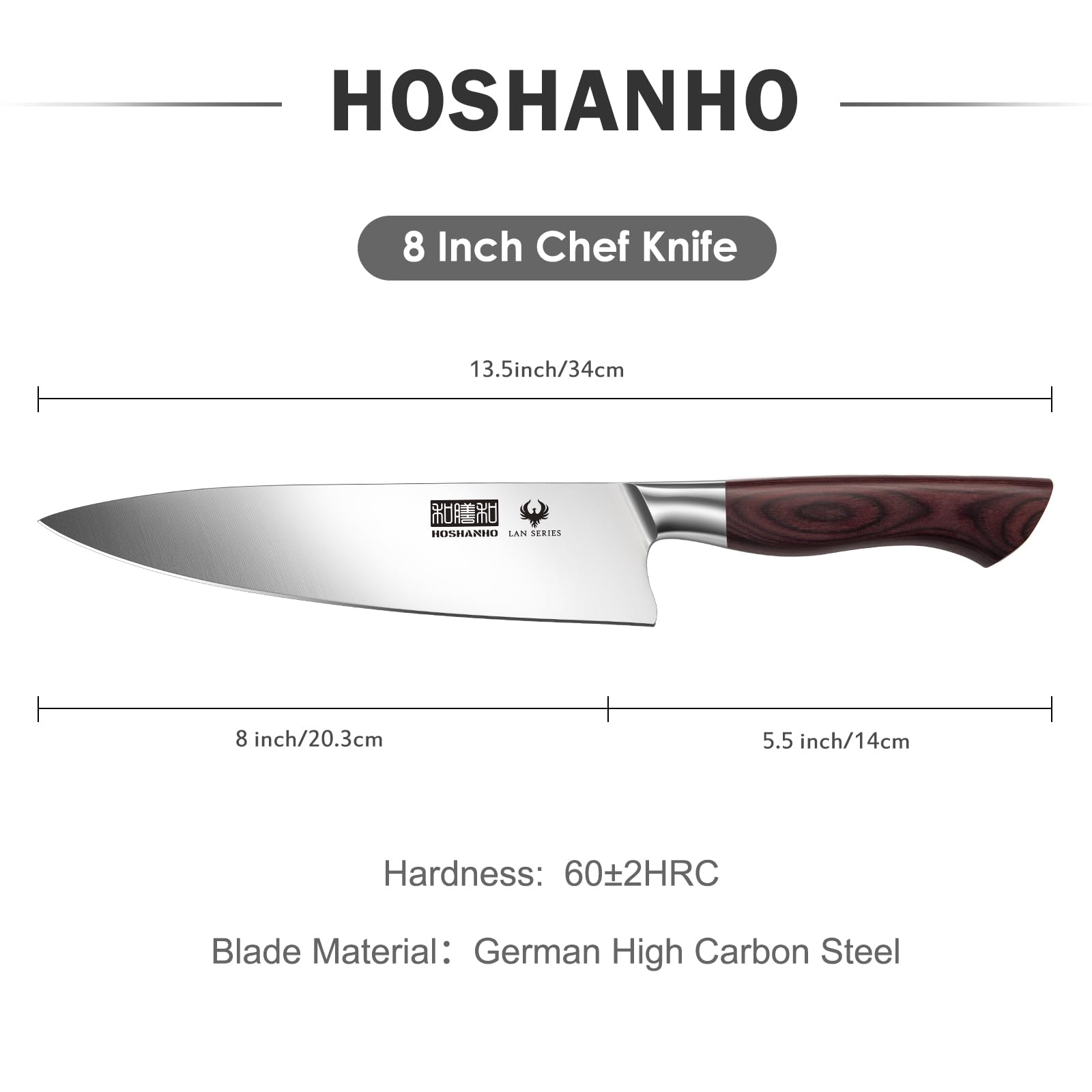 HOSHANHO 8 Inch Chef Knife for Cooking, Super Sharp German High Carbon Stainless Steel Kitchen Knife, Professional Japanese Knife with Durable Wood Handle