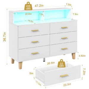 knoworld White 6 Drawer Dresser for Bedroom, Chest of Drawers with LED Light and Power Outlet, Tall Wide Dresser for Organizer Cabinet Bedroom,Living Room,Hallway, Entryway, Bedroom