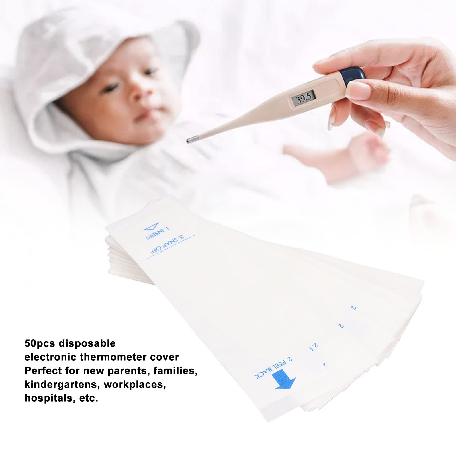 50PCS Disposable Thermometer Probe Cover Set, PE Film Paper 9.5x2.5cm, Accurate for Digital Thermometer