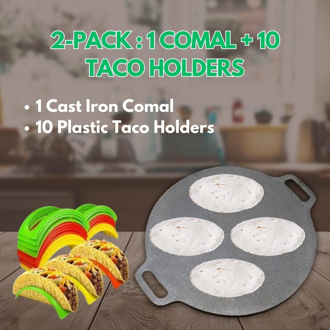 SISIGOO 12-in Cast Iron Pan with 10 Taco Holders, Comal Para Tortillas, Crepe Pan Nonstick, Iron Tawa Pan for Indian Dosa, Cast Iron Griddle, non-Stick Flat Pan, Cast Iron Pizza Pan