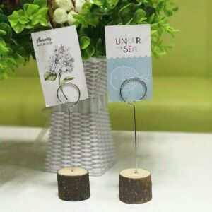 Wood Place Card Holders with Swirl Wire Table Number Stands and Photo Holders for Name Signs Card Holders for Weddings and Parties