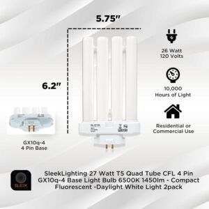 SLEEKLIGHTING 27 Watt T5 Quad Tube CFL 4 Pin GX10q-4 Base Light Bulb 6500K 1450lm - Compact Fluorescent -Daylight White Light (2 Pack)