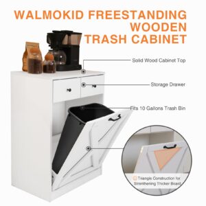 Walmokid White Tilt Out Trash Cabinet, Wooden Kitchen Trash Can Cabinet w/Hideaway Drawers, Dog Proof Trash Can Holder, Free Standing Tilt Out Laundry Hamper 10 Gallon