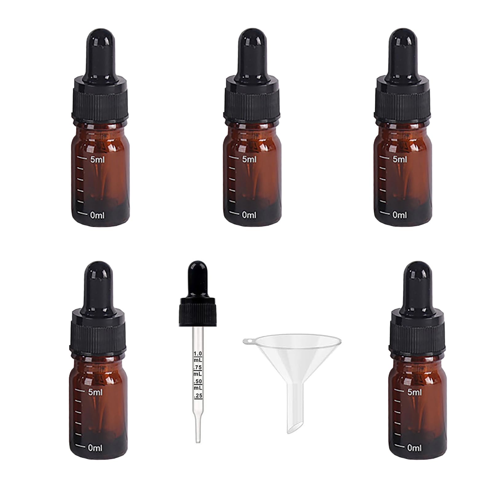 UpTuoLi Dropper Bottles, 5Pcs Glass Dropper Bottles with 1 Funnel, Eye Dropper Bottle, Glass Bottles with Graduated Pipette, Leakproof Essential Oils Bottles, Dropping Bottles with Measured Dropper