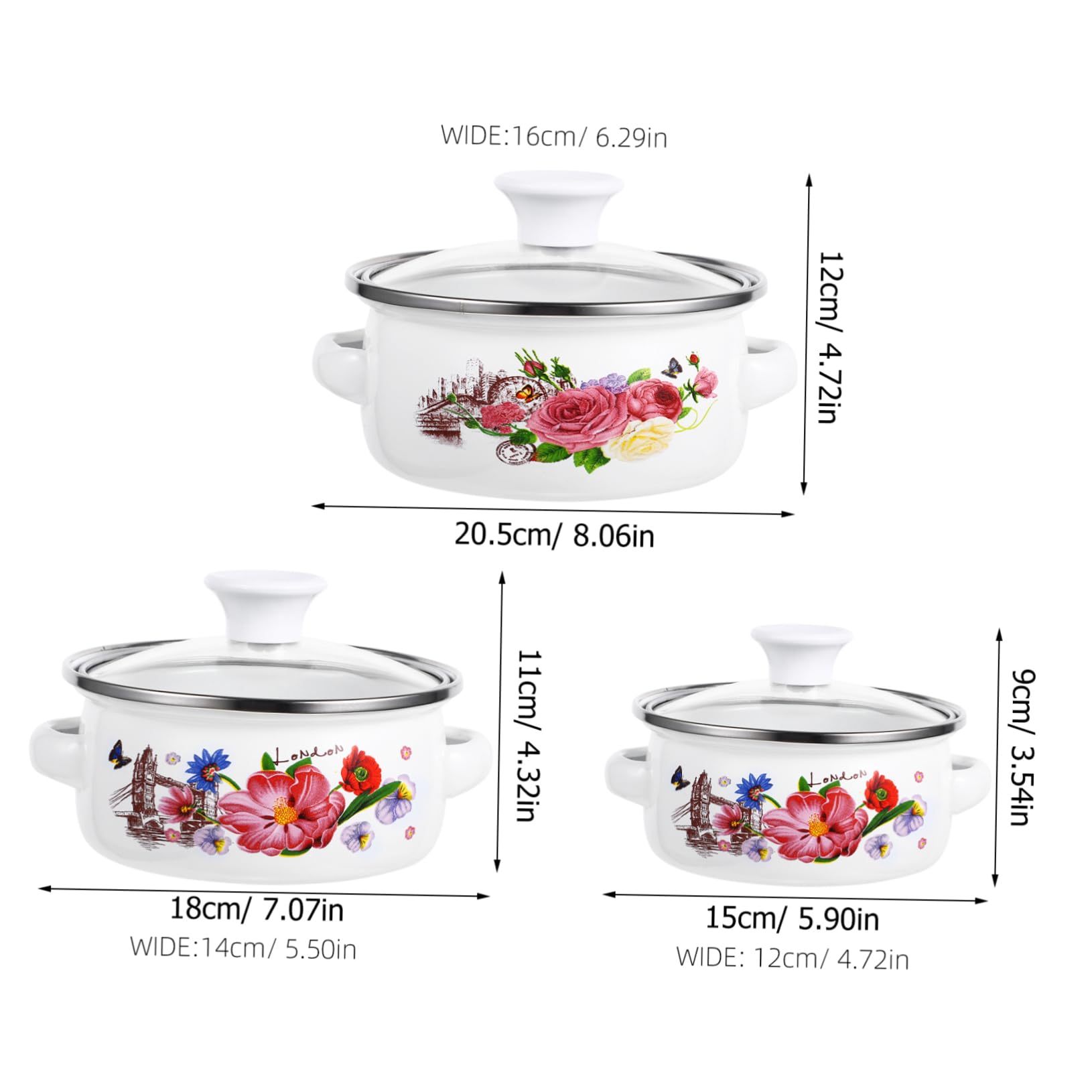 Homoyoyo 3pcs Enamelware Pot Set Enamel Stock Pot with Lid Floral Retro Cooking Pot Vintage Soup Pot Nesting Stew Pot Enameled Steel Cookware for Home Kitchen 12cm 16cm 18cm