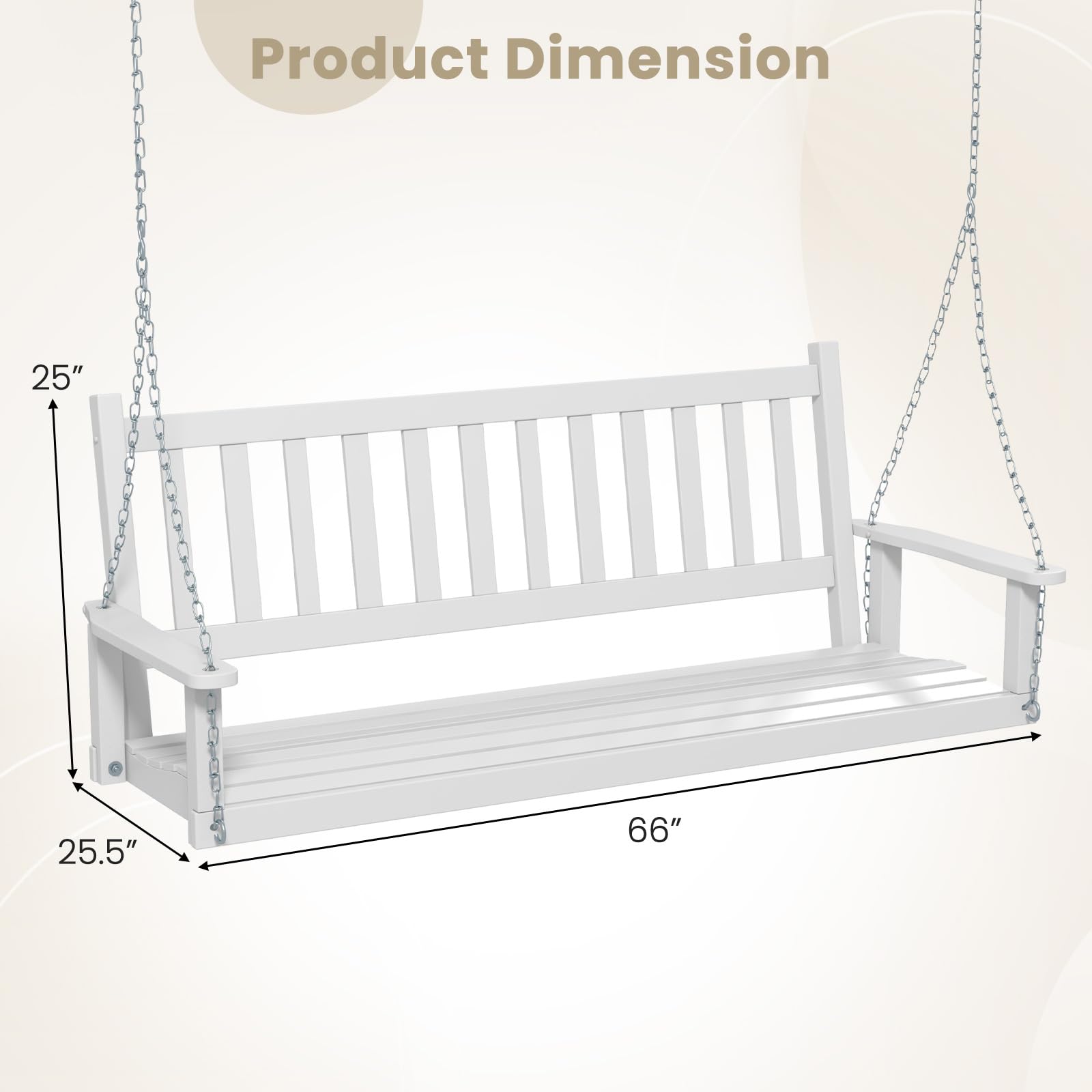 HAPPYGRILL Wooden Outdoor Porch Swing for 3, Heavy Duty Patio Hanging Bench Chair with 800 LBS Weight Capacity, 5.6 FT Adjustable Upper Chains, Slatted Back, Swing Bench for Garden, Backyard