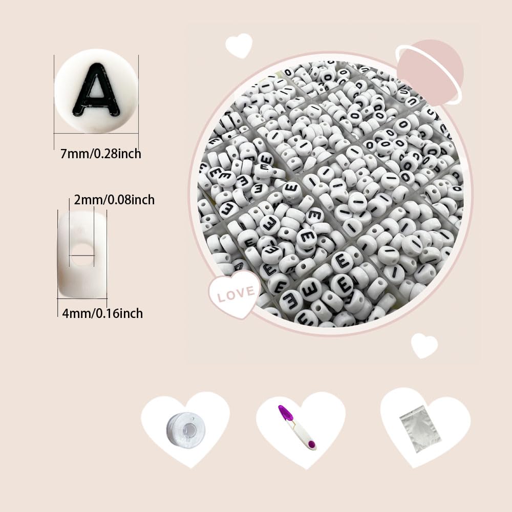 MIIIM 1200pcs Vowel Letter Beads (A, E, I, O, U), 4x7mm Round Letter Beads for Bracelets Making, Alphabet Beads, Number Beads, Heart Beads in 24 Grid Box (White Beads Black Letters)