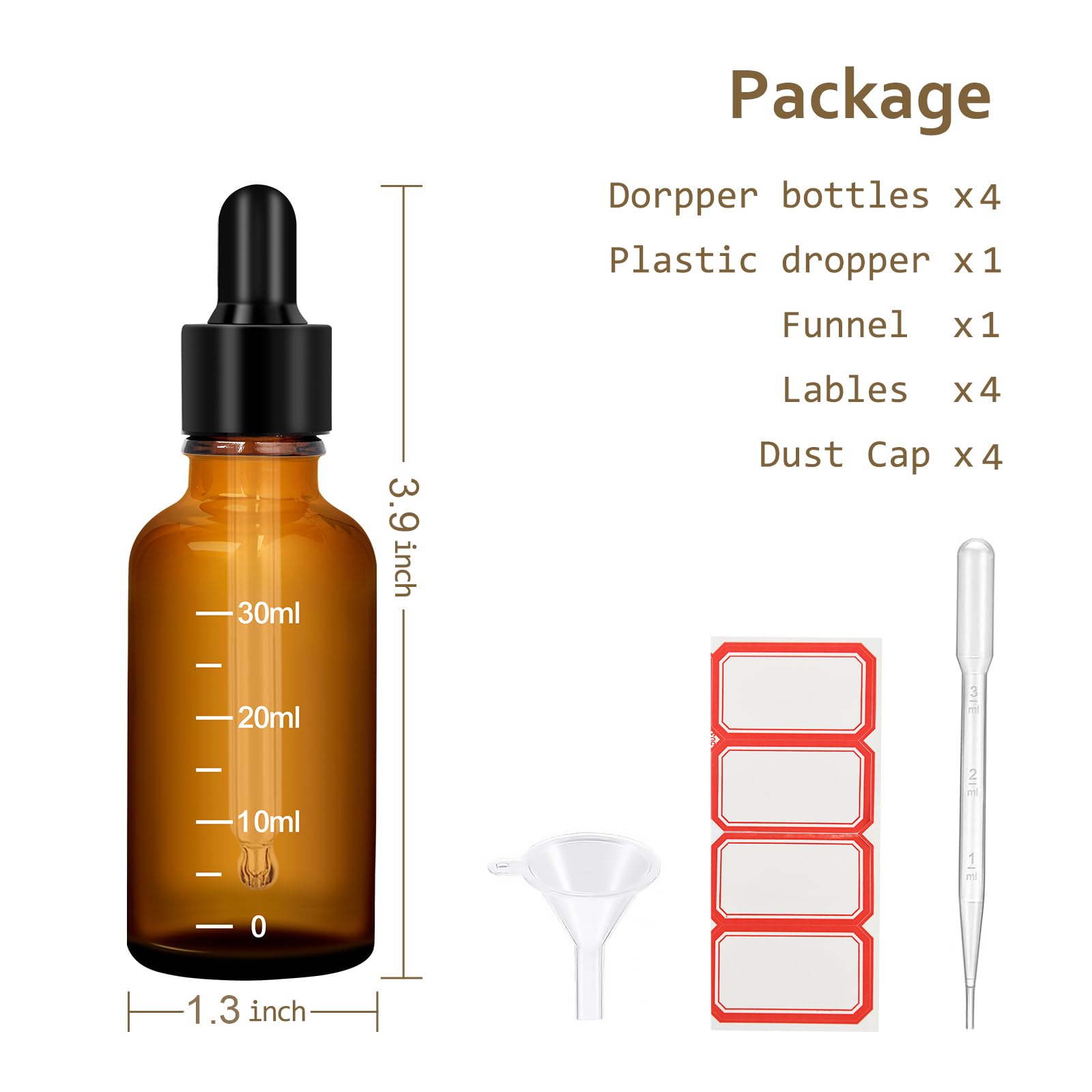 4Pcs Dropper Bottles Tincture Bottles with Dropper Glass 0.5oz 15ML Thick Amber Leakproof Essential Oils Bottles Eye Dropper Bottles with 1 Funnel & 4 Labels