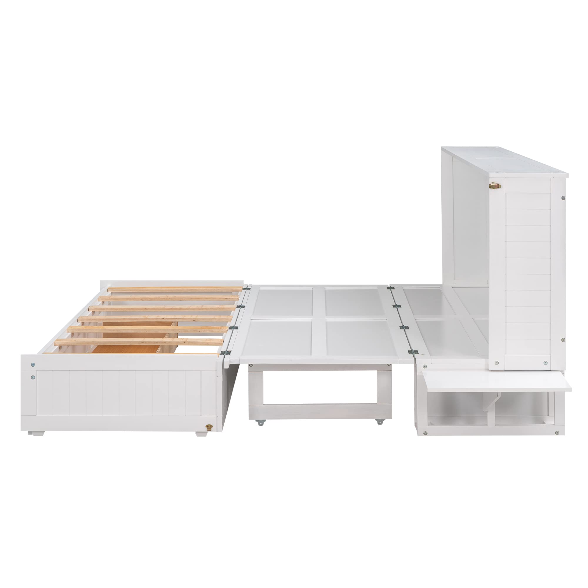 Harper & Bright Designs Queen Size Murphy Bed, Mobile Queen Murphy Bed with Drawer and Little Shelves on Each Side, Wood Queen Size Bed Frame, White