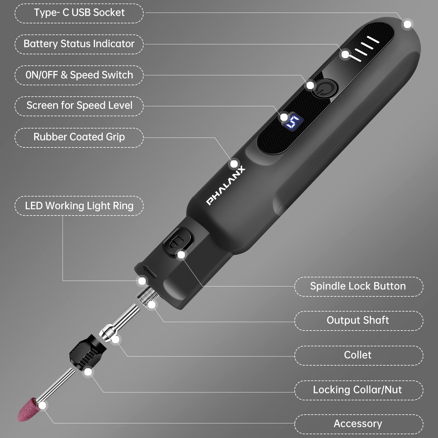 Rotary Tool - 3.7V Cordless Rotary Tool Kit LED Ring Work Light, 2.0Ah Li-ion Battery 5 Speed 70 Accessories Power Rotary Tools 20000RPM,Mini Rotary Tool Cordless for Light DIY Projects/Precision Work