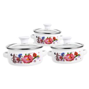 homoyoyo 3pcs enamelware pot set enamel stock pot with lid floral retro cooking pot vintage soup pot nesting stew pot enameled steel cookware for home kitchen 12cm 16cm 18cm