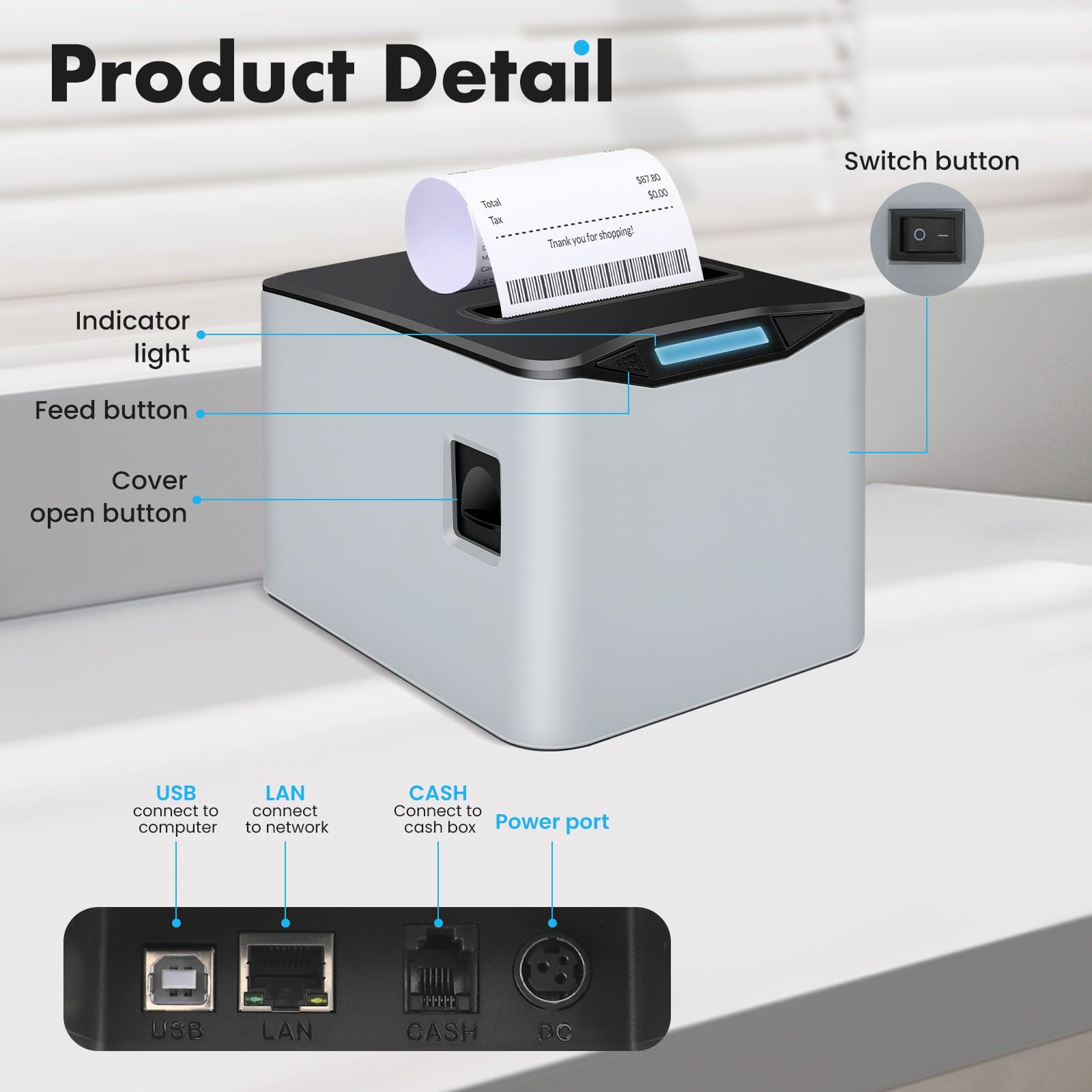 NUCOUN Thermal Receipt Printer,80mm USB POS Printer,Auto Cutter,Support Cash Drawer,Support Windows/Mac/Linux,Printer for Home Office Restaurant