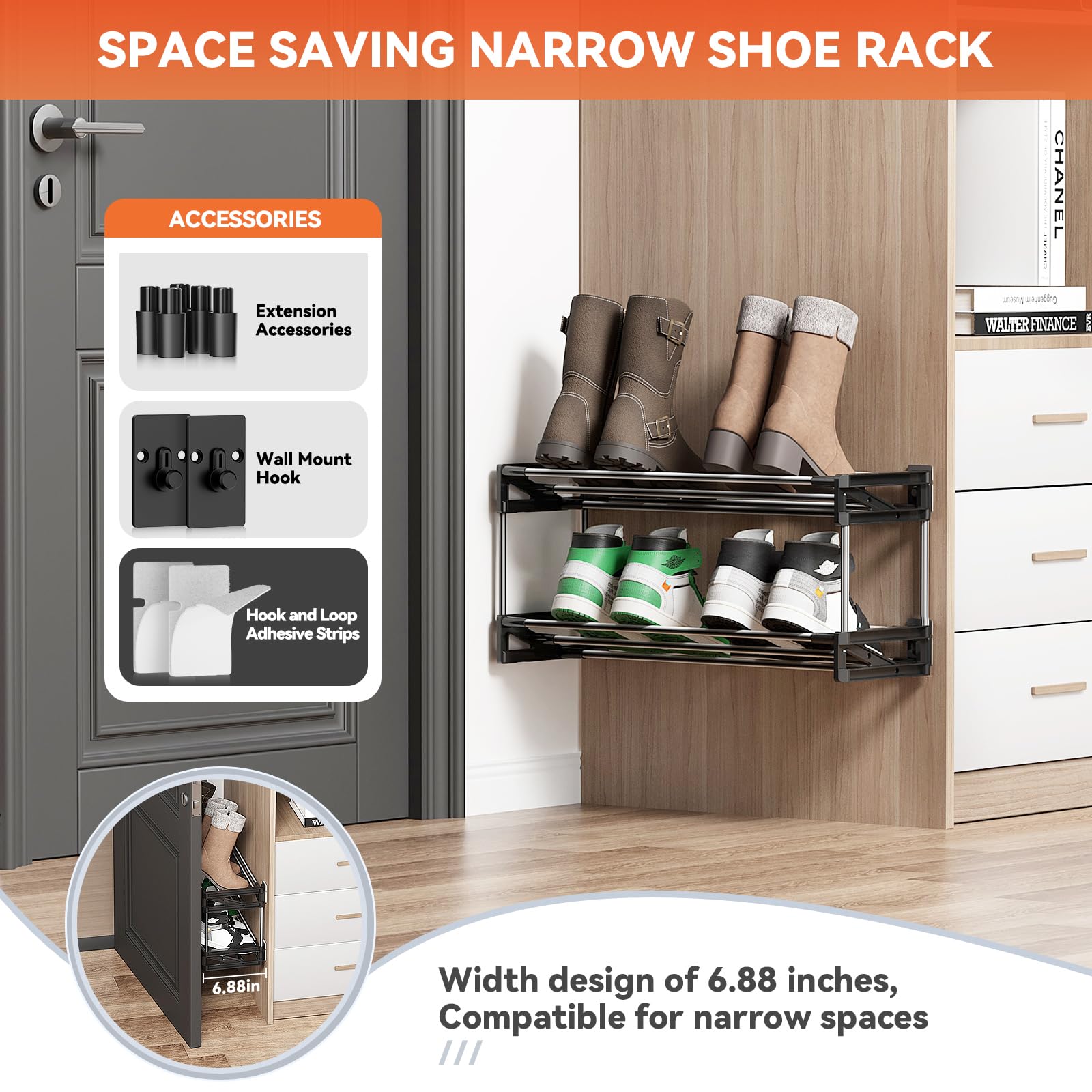 DEYILIAN Small Shoe Rack, 2 Tier Narrow Shoe Rack with Hook and Loop Sticky Adhesive Strips Wall Mounted Shoe Rack, Slim Shoe Rack Space Saving Design Behind the Door Wall Shoe Organizer for RV Closet