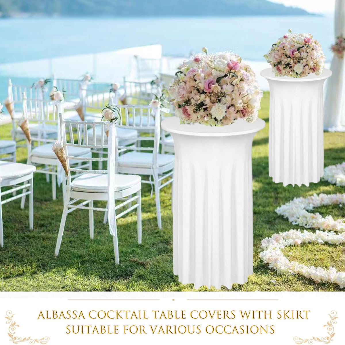 Albassa 4 Pack Cocktail Table Covers 32"x 43" Spandex Stretch Round Cocktail Tablecloths with Wavy Drapes Fitted High Top Bar Table Skirt for Wedding Party Banquet (White, 4 PCS)