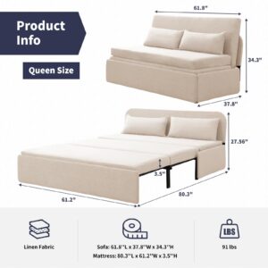 ijuicy Pull Out Sofa Bed, Linen Modern Sofa with Pull Out Bed, Pull Out Sleeper Sofa, 2-in-1 Couch Bed with Pillows &Mattress, Queen Size Sofa Bed for Living Room/Apartment (Beige, Queen)