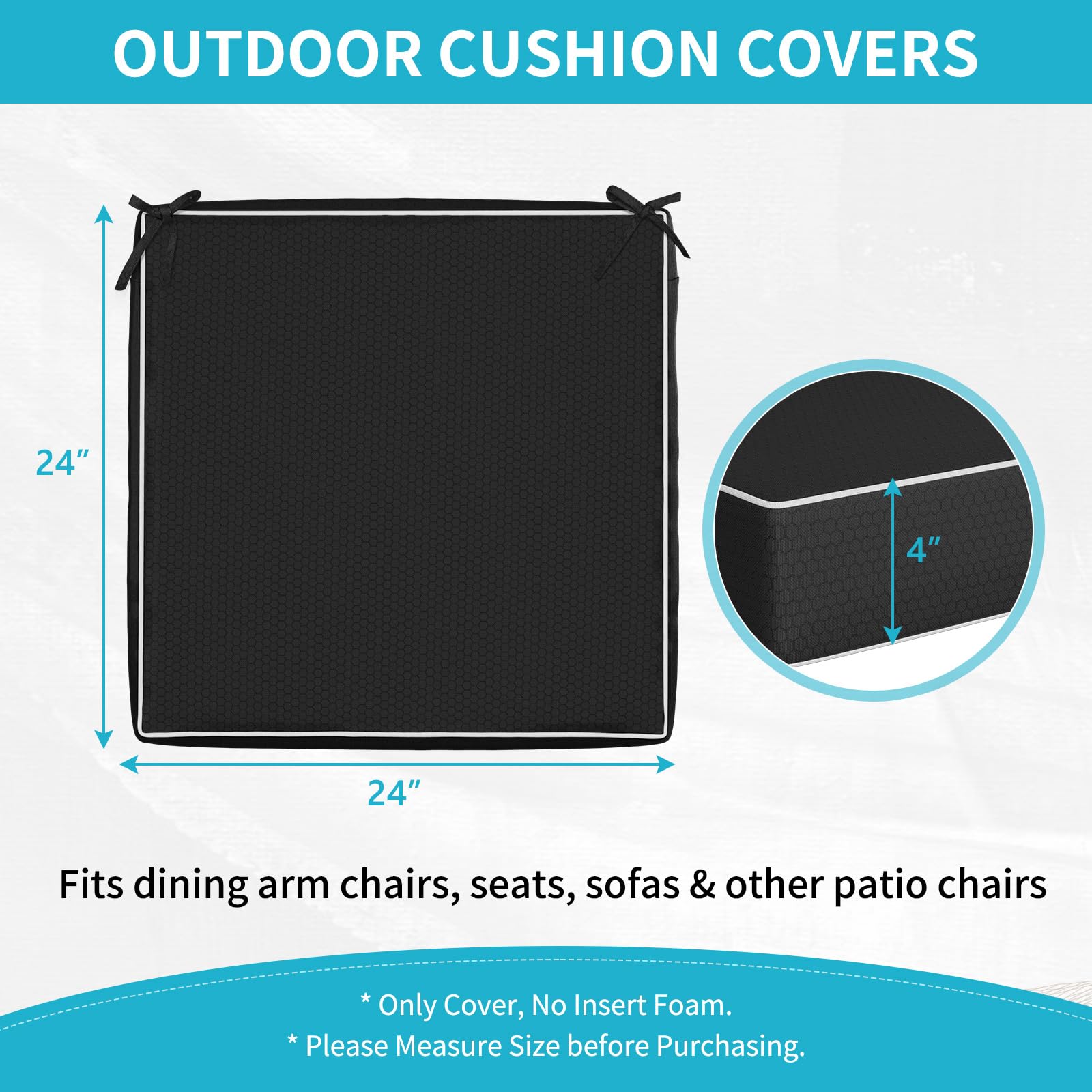 COSHNIBI Outdoor Cushion Covers 24'' X 24'' X 4'', Water Resistant Patio Seat Cushion Slipcovers Replacement, Anti-UV Cushion Cover for Sofa, Couch & Lounge Seat - 4 Pack, Covers Only, Black