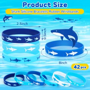 JUNEBRUSHS Shark Party Favors, 42pcs Ocean Sea Life Shark Silicone Bracelets Rubber Wristbands for Baby Shower Under The Sea Themed Kids Birthday Party Gift Decorations Supplies