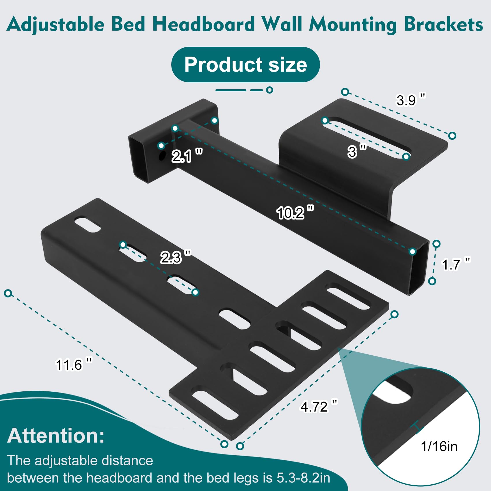 Universal Headboard Bracket, Thickened Black Metal Bed Headboard Bracket, Adjustable Headboard Bracket Kit Wall Mounted with Foot Pedal Extension Kit（2 Pcs），3-Year Warranty