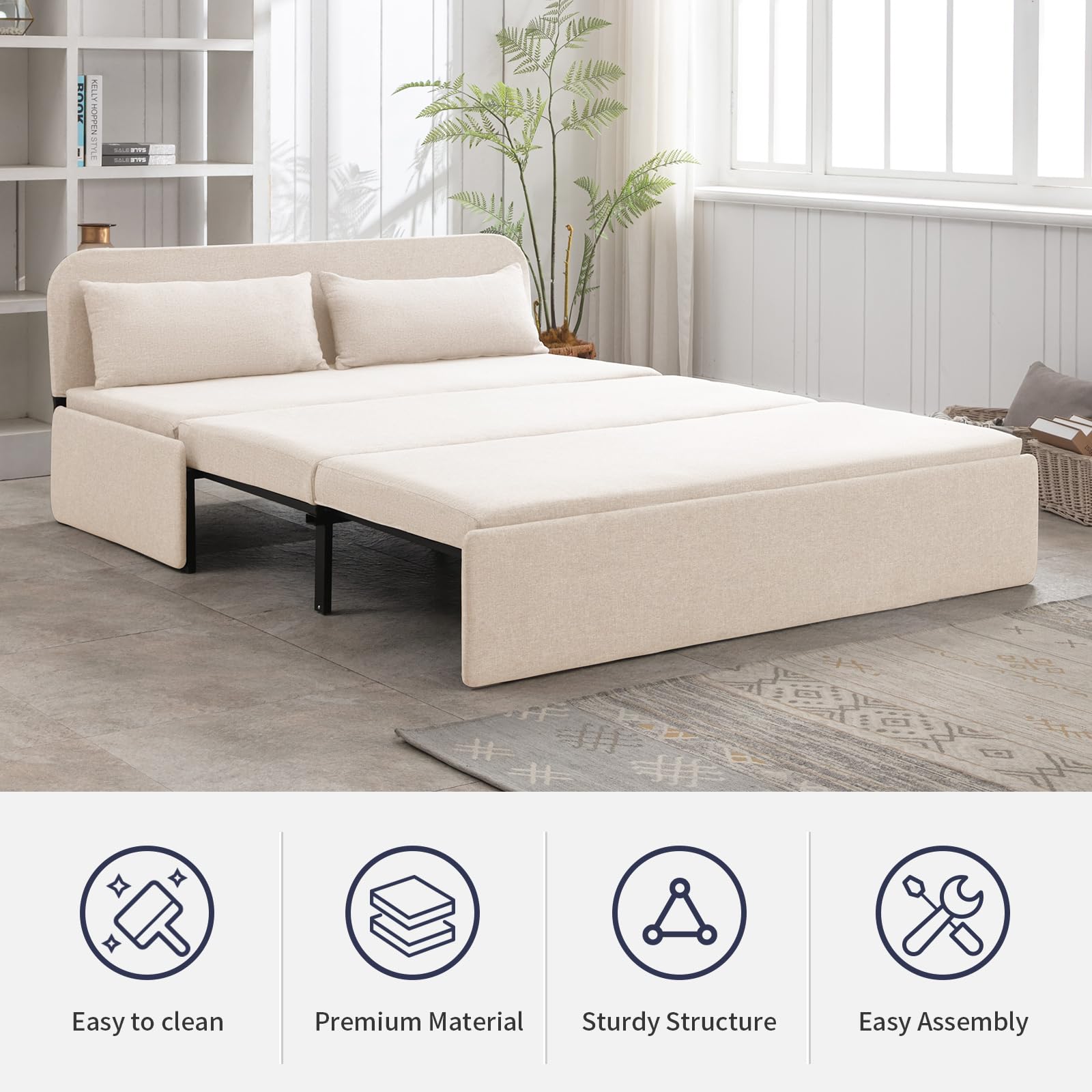 ijuicy Pull Out Sofa Bed, Linen Modern Sofa with Pull Out Bed, Pull Out Sleeper Sofa, 2-in-1 Couch Bed with Pillows &Mattress, Queen Size Sofa Bed for Living Room/Apartment (Beige, Queen)