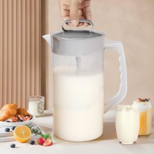 Mixing Pitcher for Drinks, 2 Quart/ 64oz Plastic Water Pitcher with Lid, Angled Plastic Blades and Adjustable Mixer Plunger for Juice, Powdered Milk, Beverage Container (One)