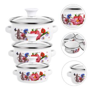 Homoyoyo 3pcs Enamelware Pot Set Enamel Stock Pot with Lid Floral Retro Cooking Pot Vintage Soup Pot Nesting Stew Pot Enameled Steel Cookware for Home Kitchen 12cm 16cm 18cm