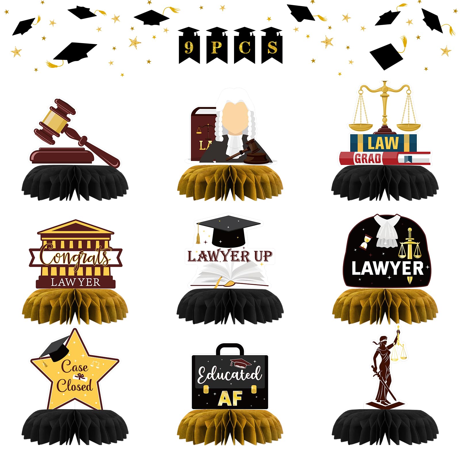 INNORU Lawyer Graduation Table Honeycomb Centerpieces, Congrats Lawyer Grad Party Table Toppers Law School Graduation Decoration Supplies Lawyer Grad Sign Table Centerpieces 9 PCS