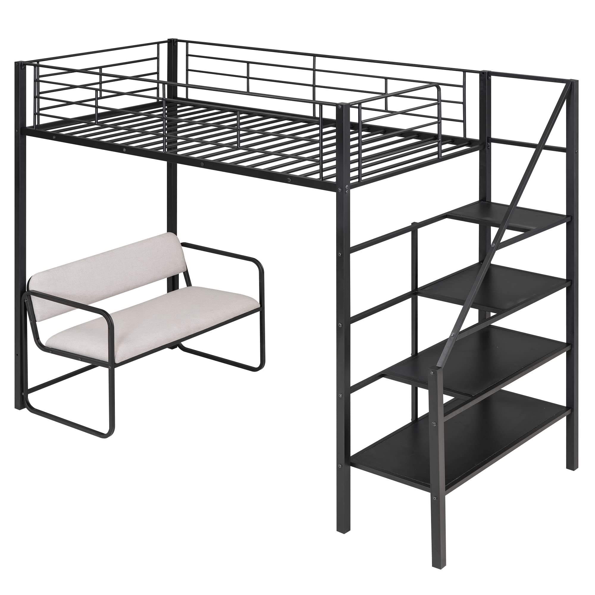 KTATK Twin Size Metal Loft Bed with Built-in Desk & Shelves,Bedroom Multifunction Bed Frame W/Full-Length Guardrails & Ladder,Easy Assembly,for Kid Adult Boy Girl Teen,Black