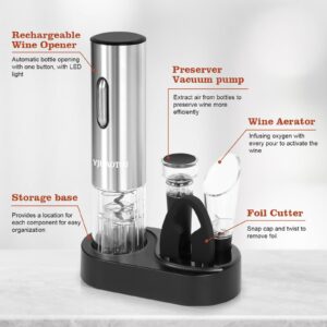 Electric Wine Bottle Opener -The Wine Gift Set, Includes a Charging Wine Bottle Opener, Wine Aerator, Vacuum Wine Preserver, Storage Base, Foil Cutter & USB Cable (Stainless Steel)