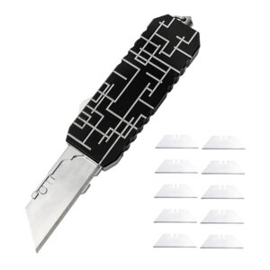 tgzuo aluminium alloy utility knife with clip small edc telescopic retractable box cutter knife pocket 10pcs carbon steel blades (black)