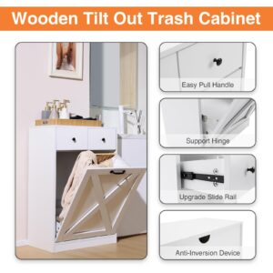 Walmokid White Tilt Out Trash Cabinet, Wooden Kitchen Trash Can Cabinet w/Hideaway Drawers, Dog Proof Trash Can Holder, Free Standing Tilt Out Laundry Hamper 10 Gallon