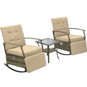 catmix outdoor rocking chairs, adjustable rattan recliner chairs pe wicker patio furniture set outdoor recliner chairs furniture set with soft thick cushion, removable glass tabletop, beige…