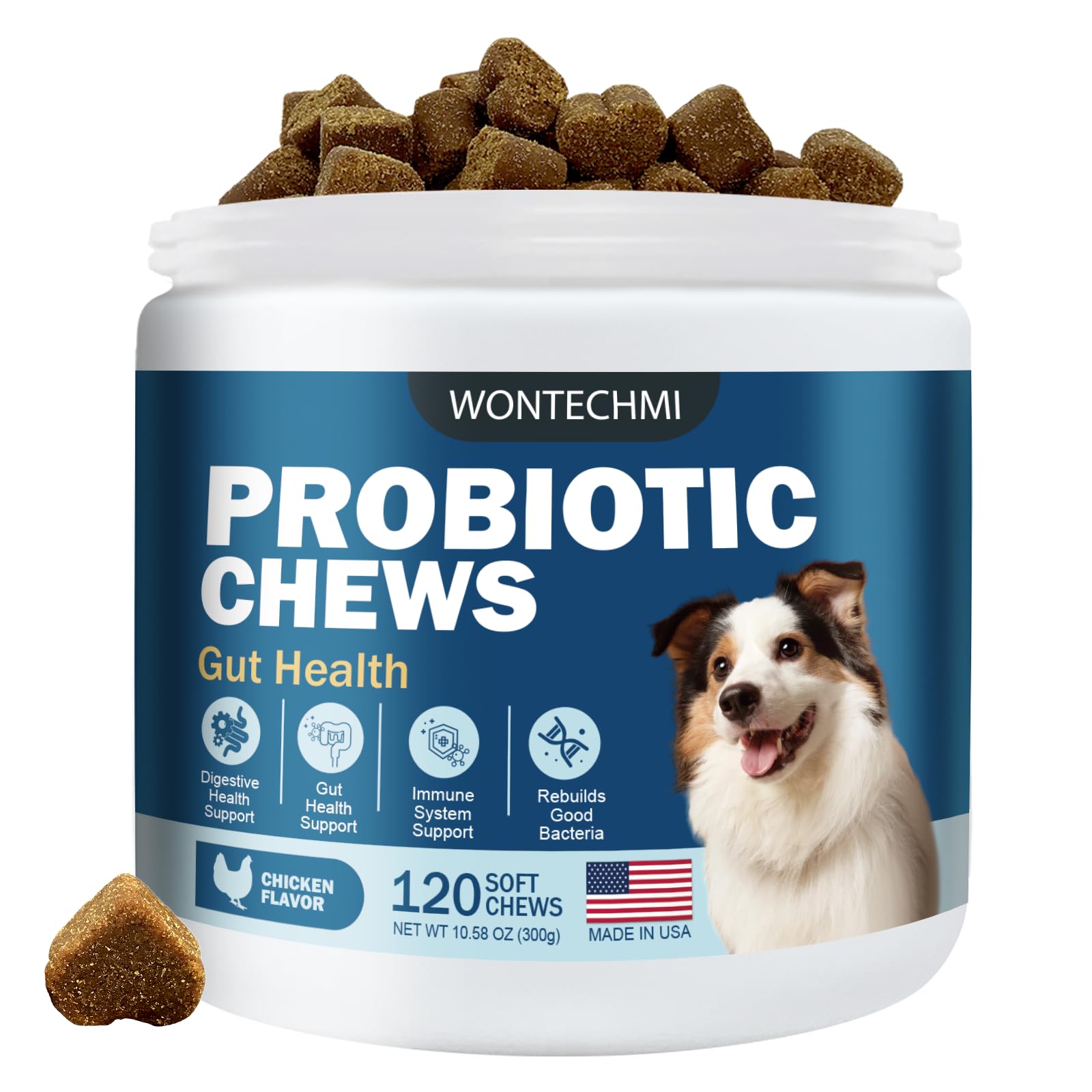 WONTECHMI Probiotics for Dogs, Improve Itchy Skin Itchy Ears, Gut Health, Yeast Balance, Allergies, Immunity, Dog Probiotics and Digestive Enzymes with Prebiotics, Reduce Diarrhea (Chicken, 120 chews)