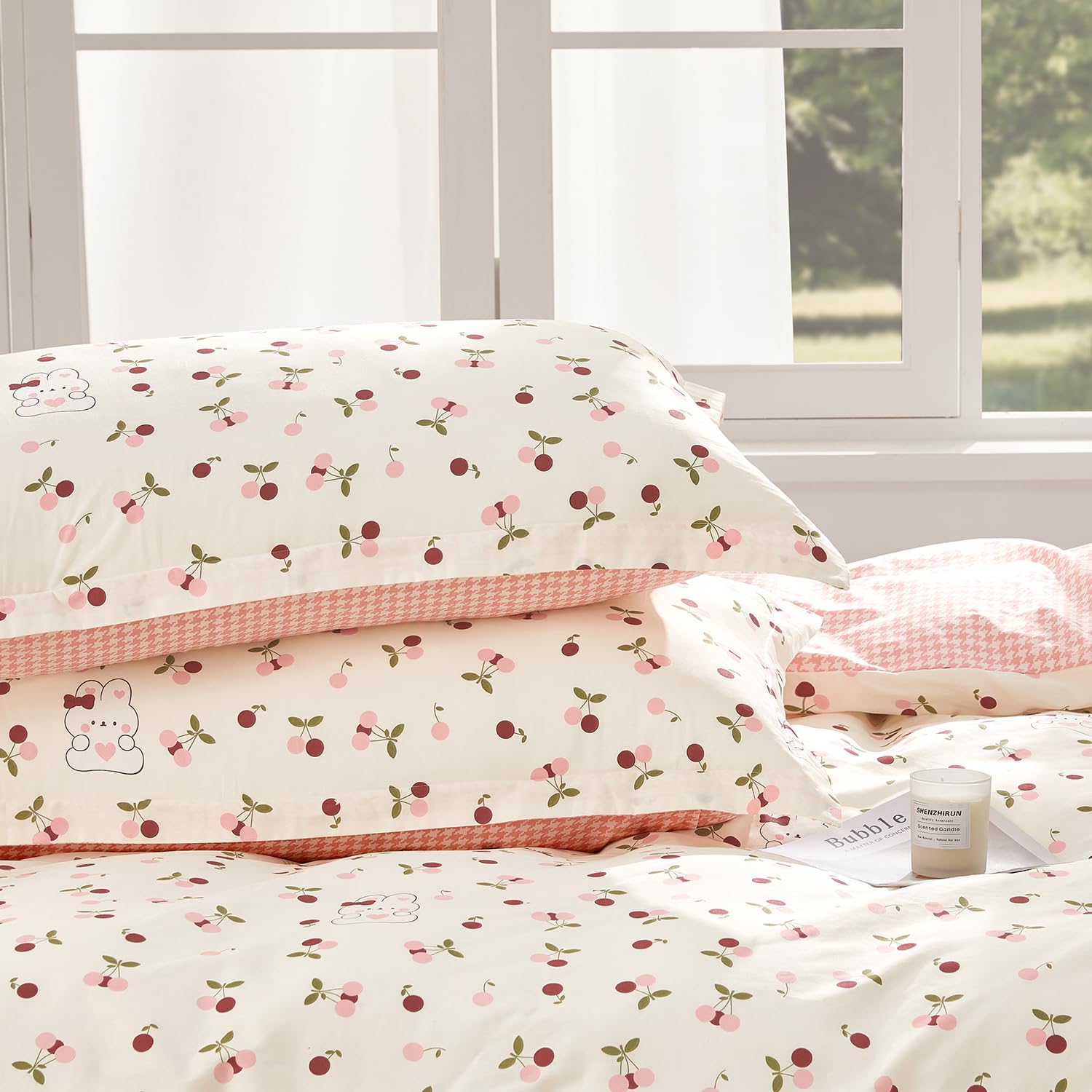 SAPHREAS Home Cute Pink Cherry Duvet Cover Cotton Girls Bedding Set Kawaii Rabbit Pattern Bedding Comforter Cover Kids Teens Cute Bed Set 3pcs 1 White Duvet Cover 2 Pillowshams Queen Size