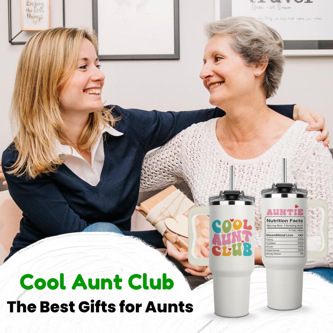 Christmas Gifts for Aunt - Cool Aunt Club Coffee Tumbler 40Oz, Best Aunt Gifts from Niece Nephew for Birthday, Mothers Day, Presents for First Time & Best Auntie Ever, New Aunty Cup with Handle Straw