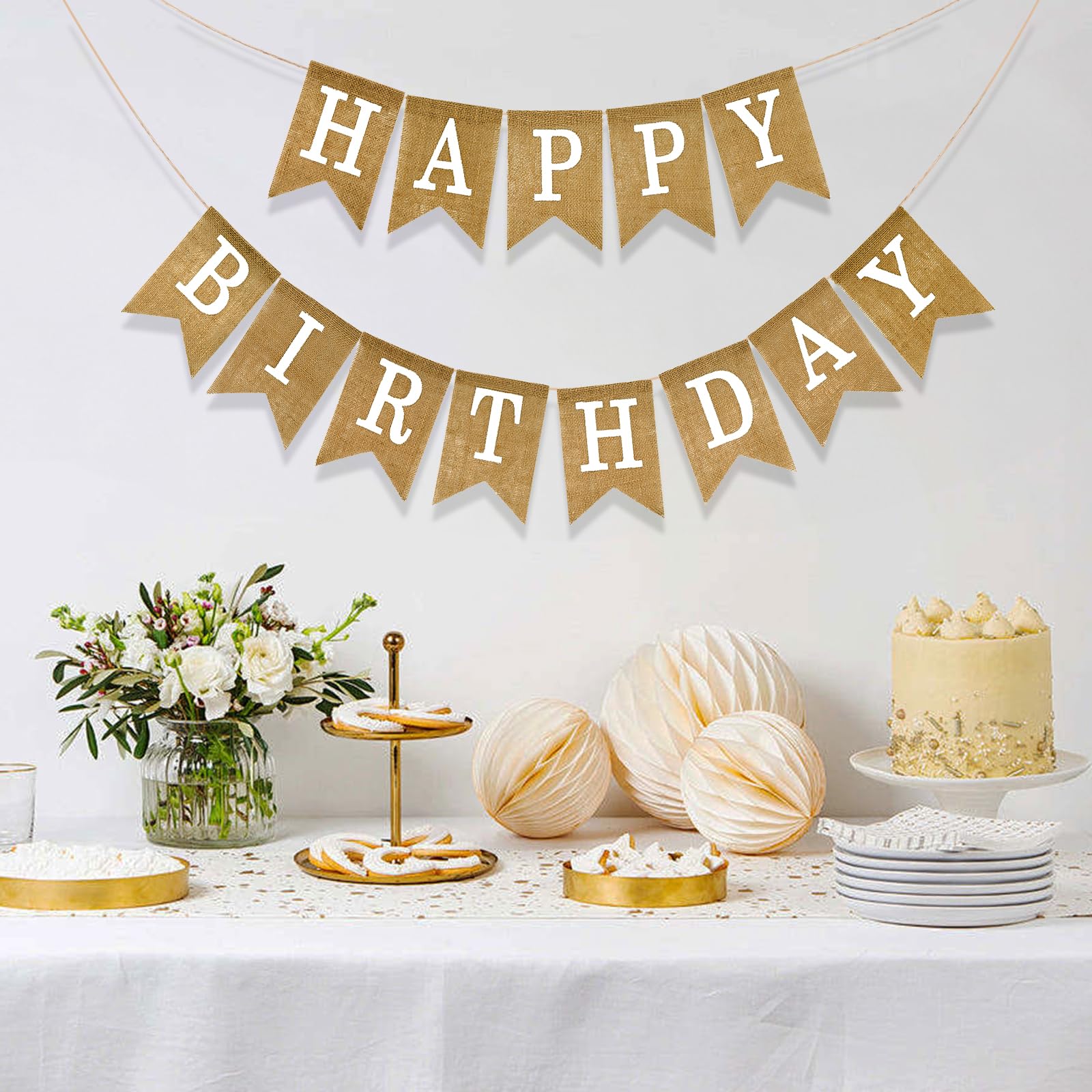 Anwyll Happy Birthday Banner,Burlap Birthday Banner Bunting,Pre-Strung Happy Birthday Party Decorations,Rustic Happy Birthday Banner Sign for Women Men Birthday Celebration Party Decor Indoor Outdoor