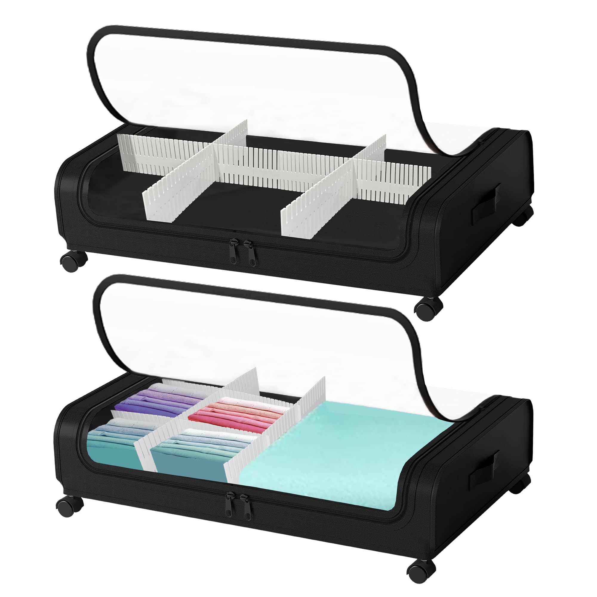 XISOCO Under Bed Storage,2 Pack Under the Bed Storage Containers with Wheels, Underbed Storage with 8Pcs Drawer Dividers, Perfect for Storing Bedding, Clothes, Shoes, Toys, and More!