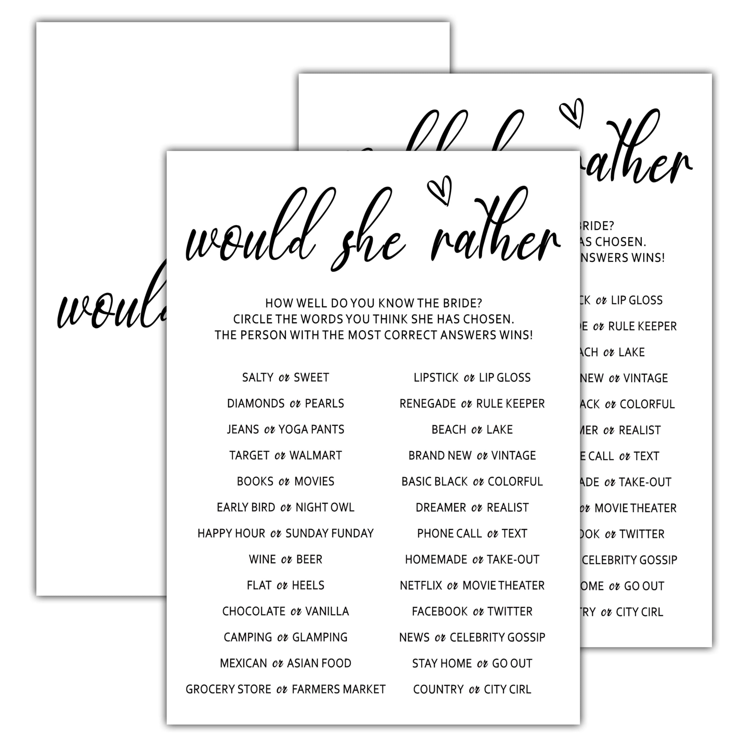 OZTEMETY Would She Rather Bridal Shower Games, Minimalist Engagement Party Game Cards, Bachelorette Party Games, Aesthetic Bridal Shower Decorations, 25 Cards(white008)