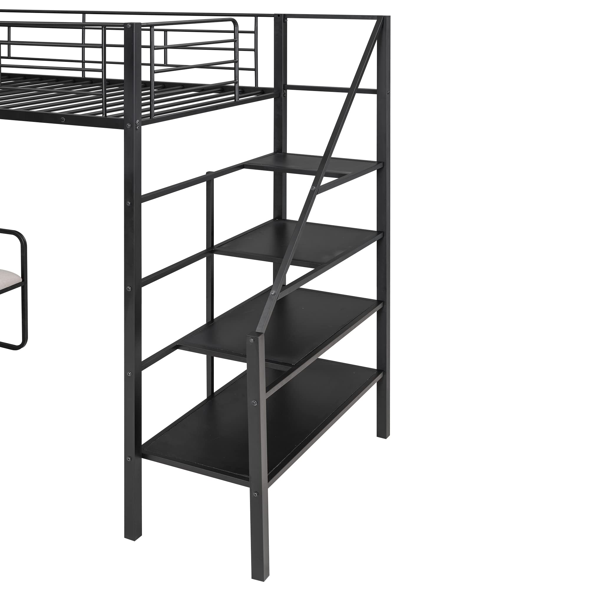 KTATK Twin Size Metal Loft Bed with Built-in Desk & Shelves,Bedroom Multifunction Bed Frame W/Full-Length Guardrails & Ladder,Easy Assembly,for Kid Adult Boy Girl Teen,Black