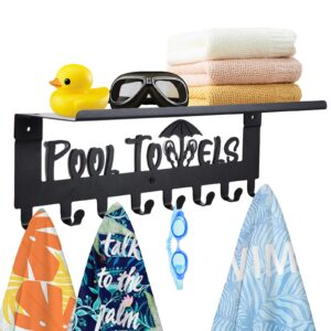 ibosins pool towel rack with shelf, outdoor 8 hooks towel holder wall mounted, towel hanger for hanging bathrobes, towels, clothes - perfect pool area outside sign and decor (black)