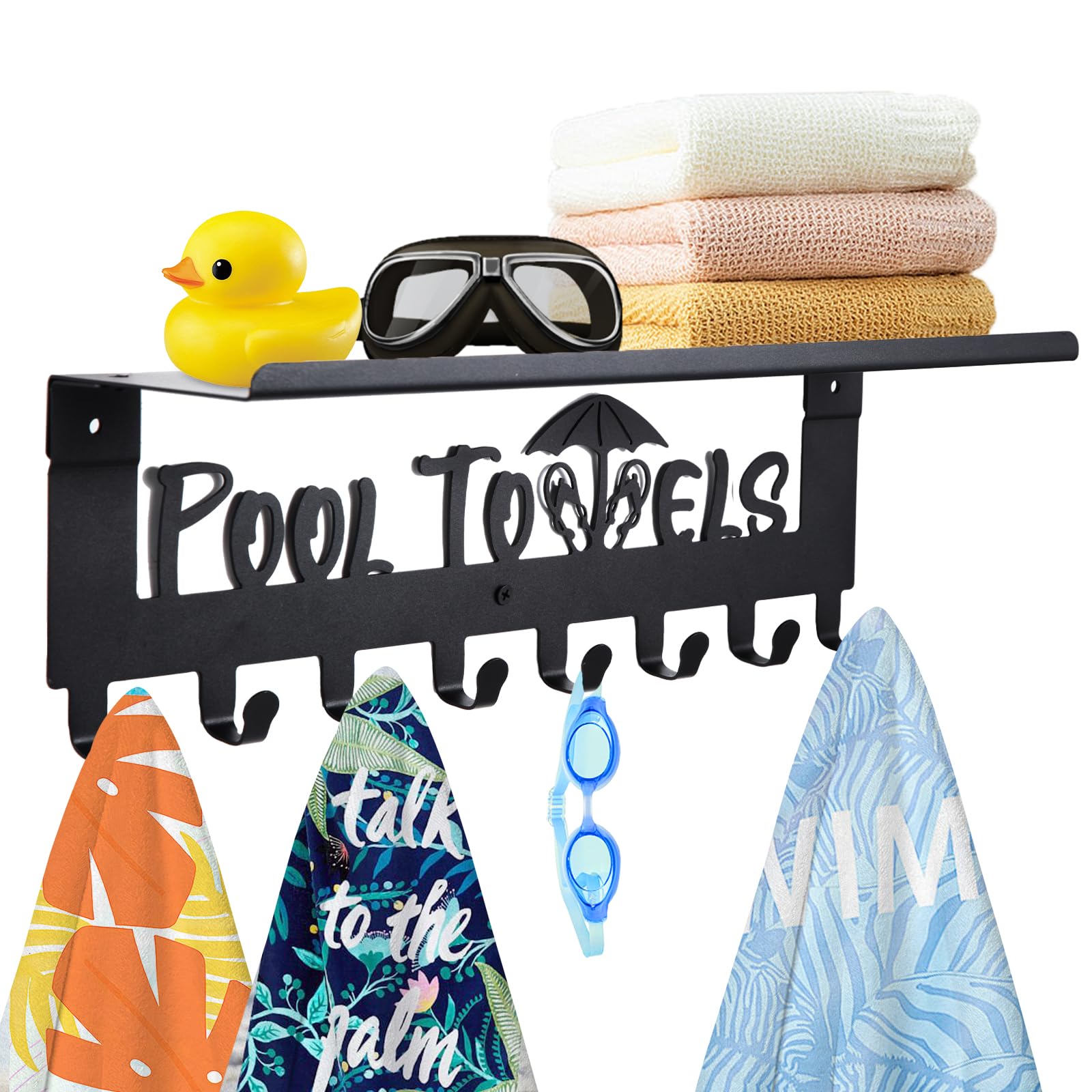 IBosins Pool Towel Rack with Shelf, Outdoor 8 Hooks Towel Holder Wall Mounted, Towel Hanger for Hanging Bathrobes, Towels, Clothes - Perfect Pool Area Outside Sign and Decor (Black)