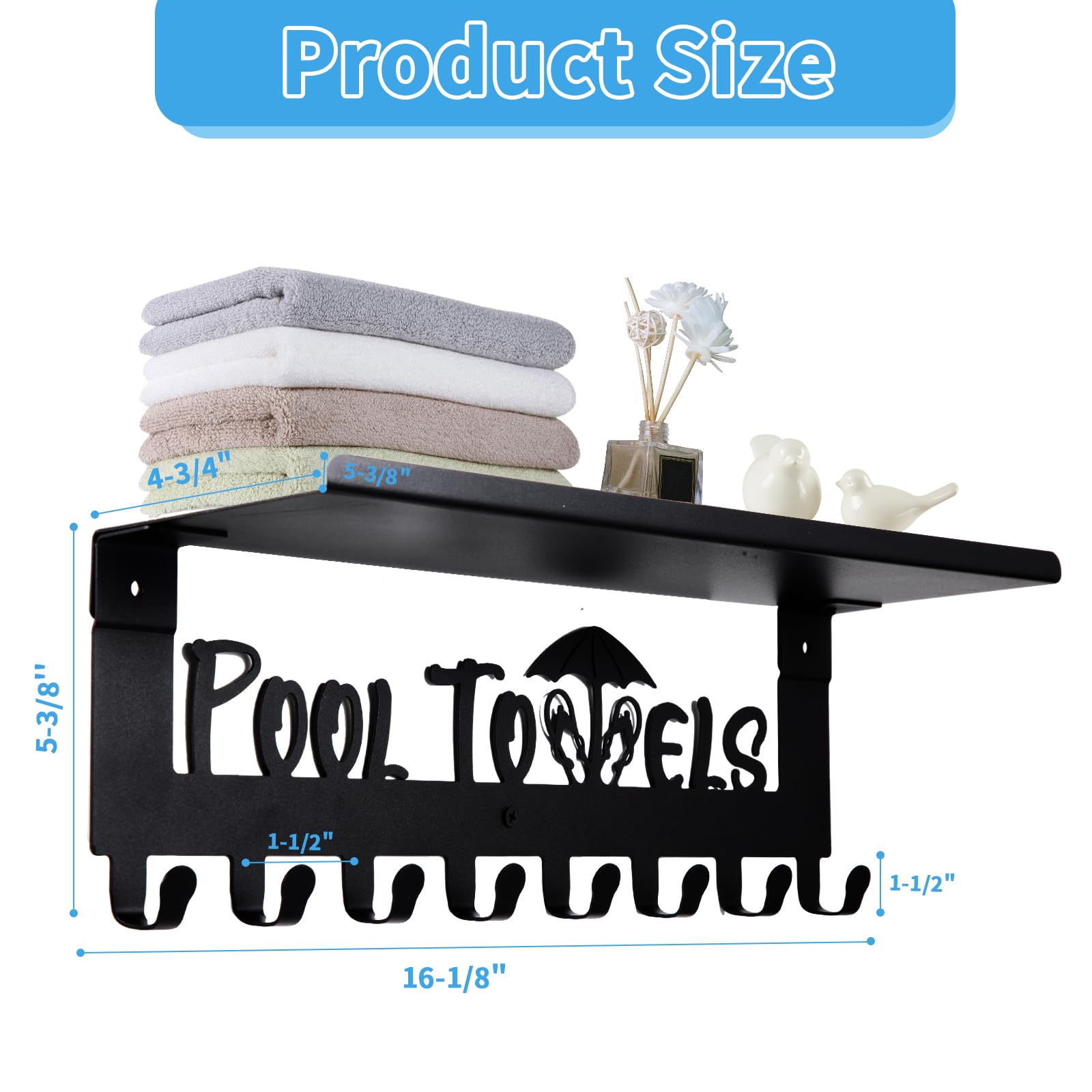 IBosins Pool Towel Rack with Shelf, Outdoor 8 Hooks Towel Holder Wall Mounted, Towel Hanger for Hanging Bathrobes, Towels, Clothes - Perfect Pool Area Outside Sign and Decor (Black)