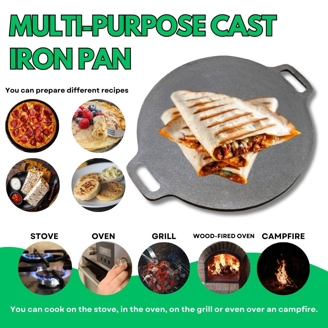 SISIGOO 12-in Cast Iron Pan with 10 Taco Holders, Comal Para Tortillas, Crepe Pan Nonstick, Iron Tawa Pan for Indian Dosa, Cast Iron Griddle, non-Stick Flat Pan, Cast Iron Pizza Pan