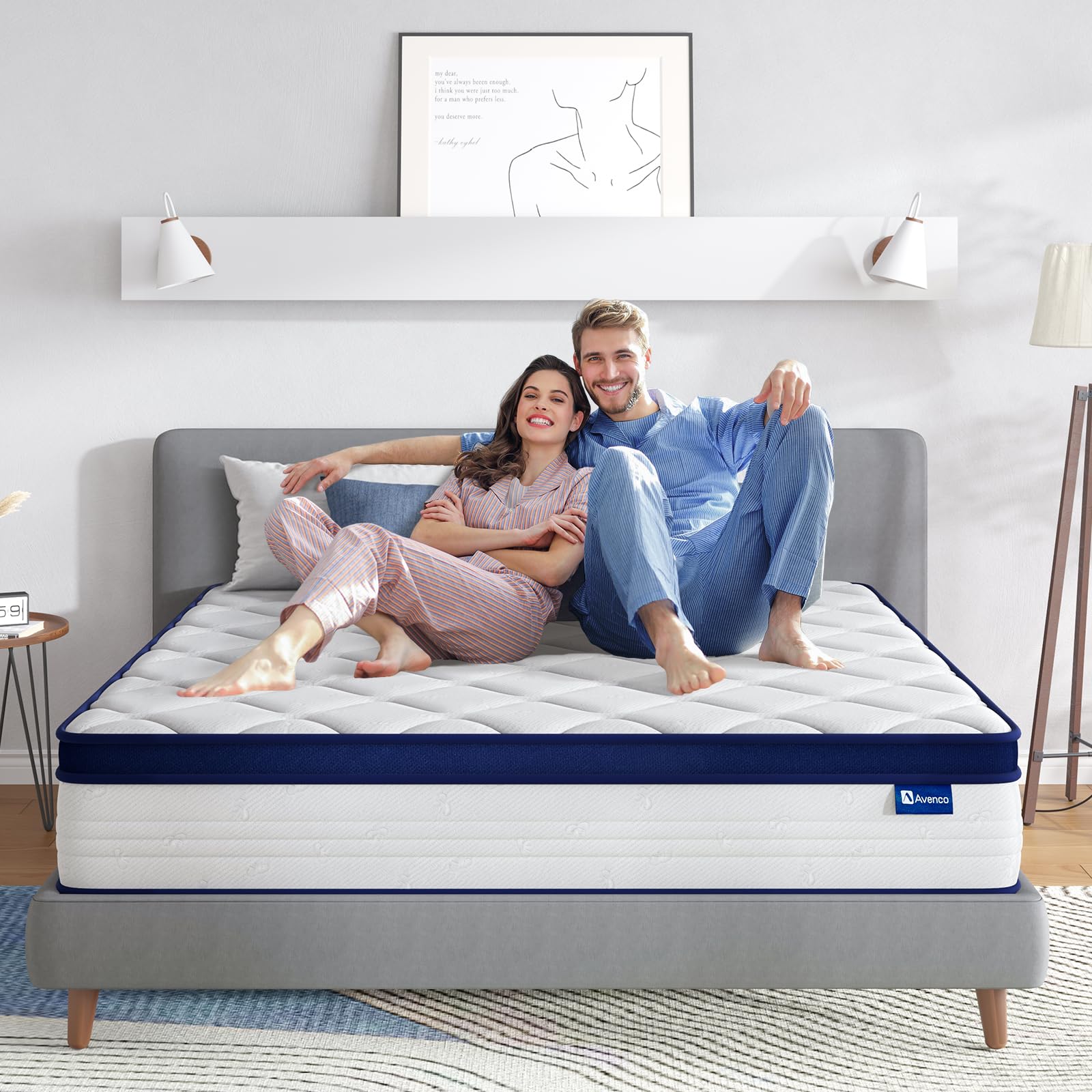 Avenco King Size Mattress, 12 Inch King Mattresses in a Box, Hybrid Spring Mattresses with Comfort Foam and Pocket Coils for Pressure Relief & Motion Isolation