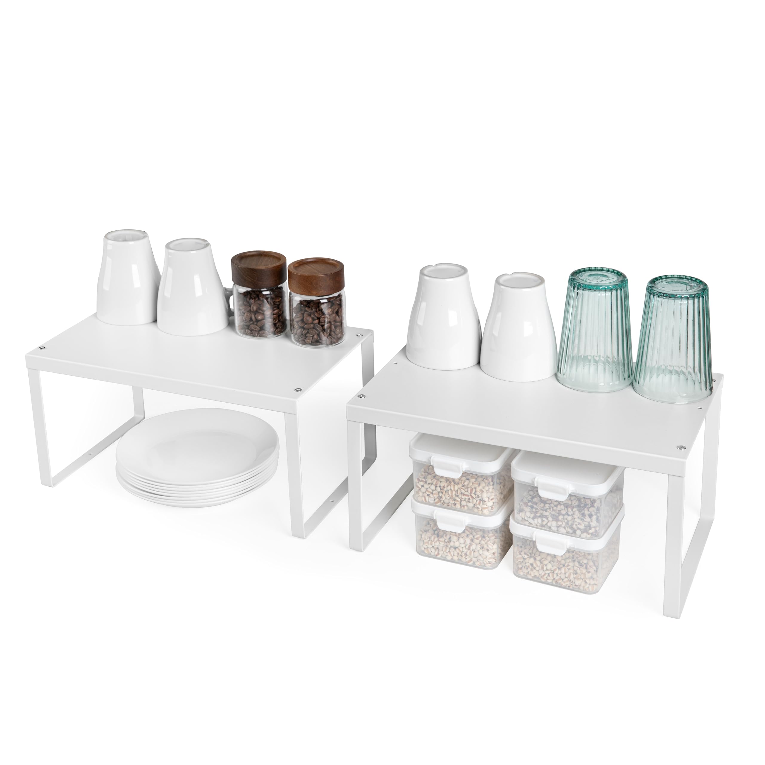 Nxconsu 2Pack Cabinet Shelf Expandable Stackable Organizer Riser for Kitchen Cabinet Pantry Cupboard Under Sink Countertop Organization Accessories Storage Space Saver Multi-Function Metal White