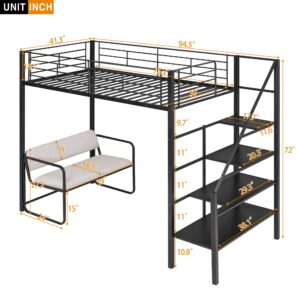 KTATK Twin Size Metal Loft Bed with Built-in Desk & Shelves,Bedroom Multifunction Bed Frame W/Full-Length Guardrails & Ladder,Easy Assembly,for Kid Adult Boy Girl Teen,Black