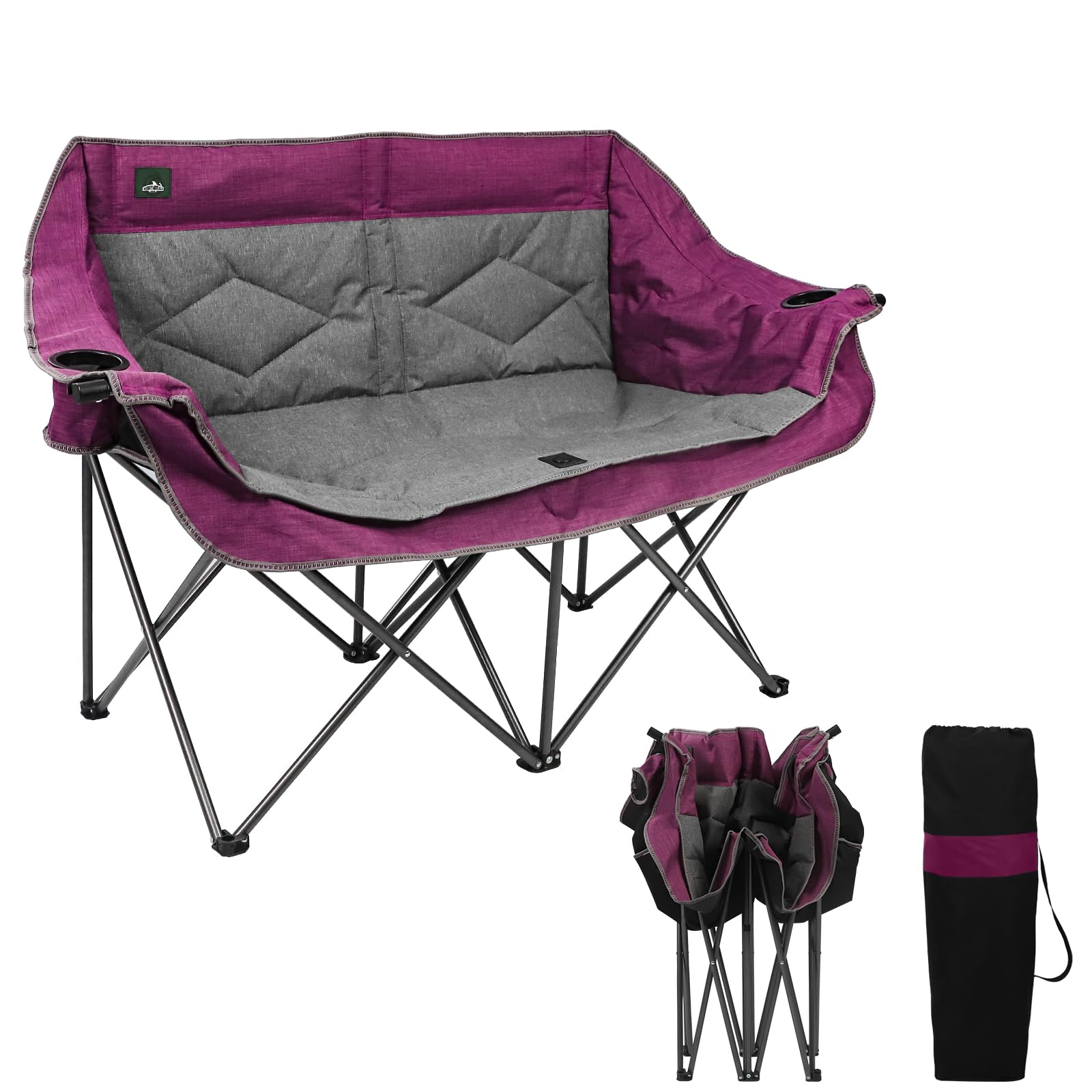 Northroad Folding Loveseat Camping Chair Portable Double Duo Full Padded Garden Sofa Chair for 2 Person w/ 2 Cup Holder,Wine Glass Holder,Support 600lbs for Outdoor Travel (Purple)